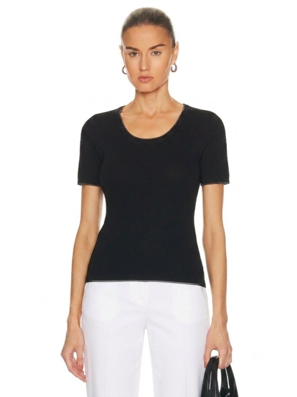 Sandro Black gold trim Textured cable Knit Short Sleeve crew Sweater Top 3 M/L